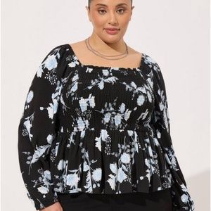 Rayon Slub Smocked Bodice Long Sleeve Crop Blouse